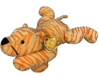 Peluche Ty Pillow Pals Purr el Tigre, a rayas naranjas, vintage de 1996, con etiquetas.