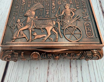 Vintage Egyptian Revival Copper Jewelry Box Chariot Hieroglyphics Velvet Lined
