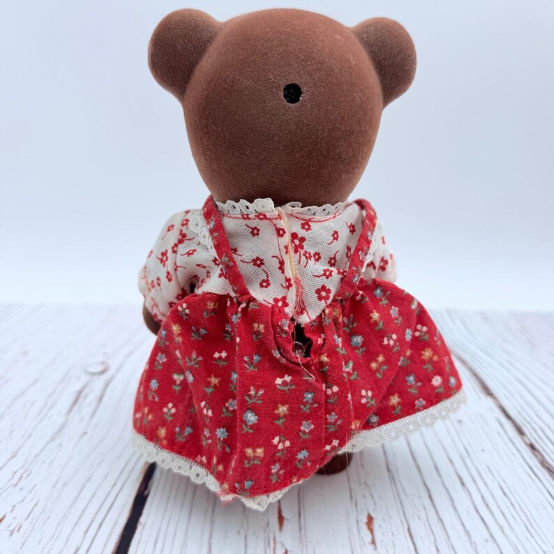 Vintage Sylvanian Families TOMY Brown Bear Mother Figure Red Floral Dress HTF image 3
