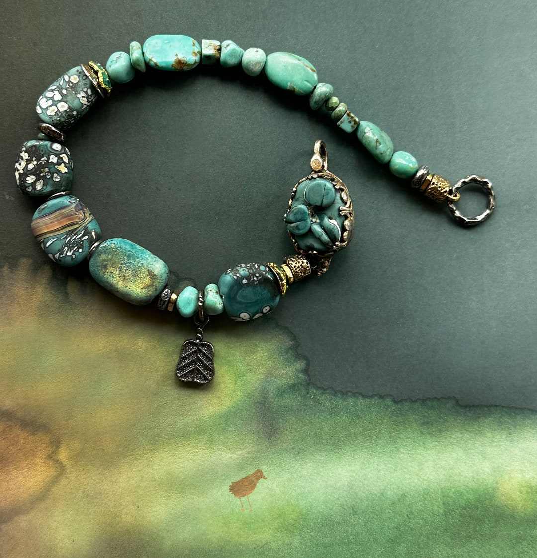 Art Jewelry Bracelet Art Glass and Turquoise Stone Silversmith