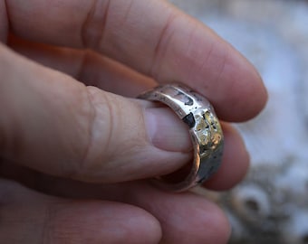 Sand Cast Sterling Silver Ring, Montana Sapphire, Brutalist Style, Size 7.5