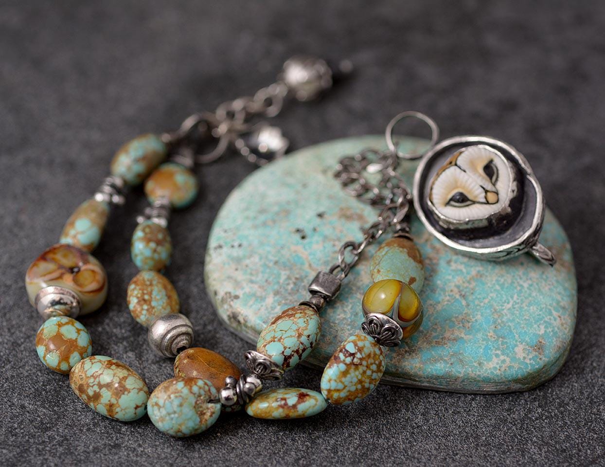 Handcrafted No 8 turquoise Lampwork Bead Bracelet: Owl Clasp