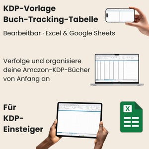 May include: Image showing a smartphone, laptop, tablet, and Excel icon, each displaying a spreadsheet interface. German text reads "KDP-Vorlage Buch-Tracking-Tabelle" and "Verfolge und organisiere deine Amazon-KDP-Bücher von Anfang an." The image promotes a tracking template for beginners.