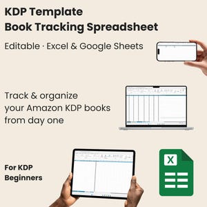Könnte beinhalten: Ein Bild, das eine KDP-Vorlage für eine Buchverfolgungs-Tabelle bewirbt. Der Text enthält "Editable Excel & Google Sheets" und "Verfolgen und organisieren Sie Ihre Amazon KDP-Bücher vom ersten Tag an". Das Bild zeigt ein Telefon, einen Laptop und ein Tablet, die die Tabelle anzeigen, sowie ein Excel-Symbol.