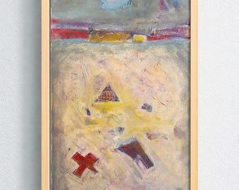 May include: Abstract oil painting in a light wooden frame. The artwork features a muted color palette with shades of gray, yellow, red, and blue. Geometric shapes, including a red cross and a triangle, are scattered across the canvas.