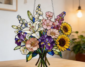 Stained Glass Suncatcher Hand-Cut and Painted:Floral Bouquets, Birthday Month Flowers,Mum/Grandma Gift，Iris/Lily/Rose/Sunflower