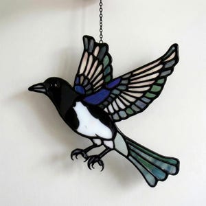 Stained Glass Suncatcher Hand-Cut and Painted:Flying Magpie Bird Lover