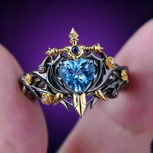 Game Character Themed Heart Gem Sword Ring, Dark Gothic Two-Tone Metal Open Ring, Fantasy Cosplay Accessory, Unique Gamer Jewelry Gift