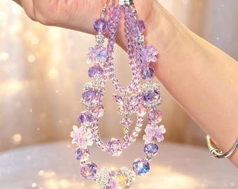 Purple Crystal Flower Phone Charm, Beaded Phone Strap, Butterfly Bead Wrist Lanyard, Kawaii Aesthetic Phone Accessory, Handmade Gift