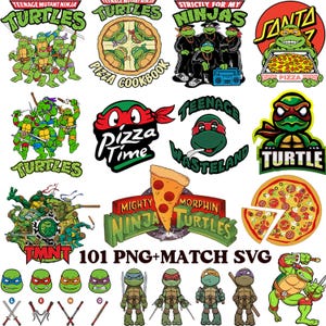 May include: A collection of Teenage Mutant Ninja Turtles graphics. The images include the turtles in various poses, pizza, and text such as "Pizza Time" and "Mighty Ninja Turtles". The color palette is primarily green, red, and yellow.
