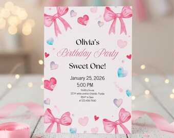 First Birthday Invitation Girl | Sweet One Pink Bow Watercolor Invite | Editable Canva Template | 5x7 Printable