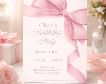 1st Birthday Invitation Girl | Sweet One Birthday Invite | Editable Canva Invitation | Pink Ribbon Printable