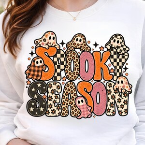Retro Patchwork Ghost PNG, Premium Halloween Shirt Design, Preppy Coquette Ghost PNG, Spooky Season Boo Fall Pumpkin Sublimation