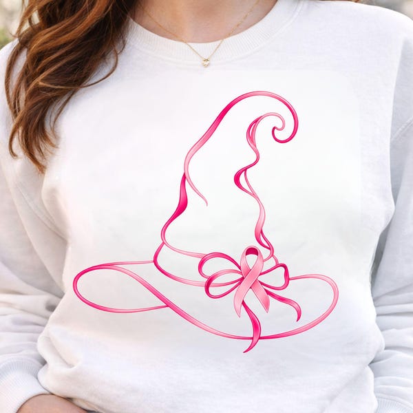 Breast Cancer Awareness PNG, Pink Witch Hat Halloween Design, Pink Ribbon Witch Hat, Breast Cancer Shirt Graphic, Halloween Sublimation