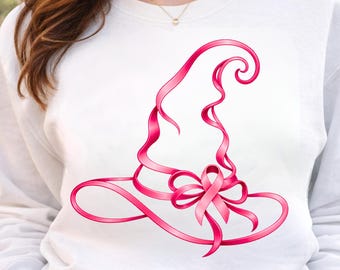 Breast Cancer Awareness PNG, Pink Ribbon Witch Hat Halloween Design, Breast Cancer Shirt Graphic, Pink October Sublimation, Digital Download