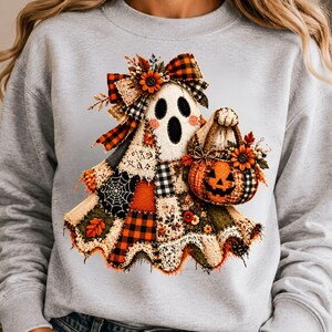 Retro patchwork spook PNG, preppy Halloween afbeelding, kokette spookstrik, griezelig seizoen PNG, trendy herfstpompoen PNG, sublimatieontwerp