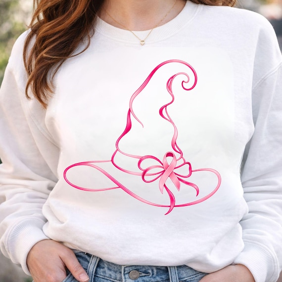 Breast Cancer Awareness PNG, Pink Witch Hat Halloween Design, Pink Ribbon Witch Hat, Breast Cancer Shirt Graphic, Halloween Sublimation