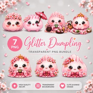 May include: A digital collection of seven pink dumpling characters decorated with cherry blossoms. The set includes illustrations of dumplings with umbrellas, tea sets, and crowns, labeled with the text 7 PNG Glitter Dumpling Transparent PNG Bundle.