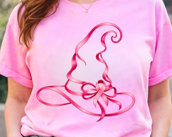 Breast Cancer Awareness PNG, Pink Ribbon Witch Hat Halloween Design, Breast Cancer Shirt Graphic, Halloween Sublimation