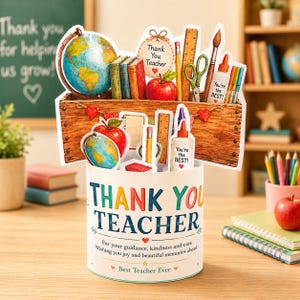 May include: A cylindrical teacher appreciation card featuring a wooden crate illustration filled with school supplies like a globe, books, an apple, scissors, and glue. The base reads, "THANK YOU TEACHER, For your guidance, kindness and care."