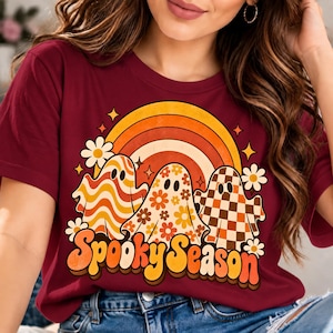 PNG de fantasma de patchwork retro, diseño de camiseta de fantasma de Halloween, PNG de temporada espeluznante coqueta, gráfico de calabaza otoñal linda, estética preppy