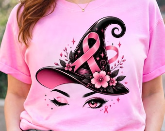 Breast Cancer Awareness PNG, Pink Ribbon Witch Hat Halloween Design, Breast Cancer Shirt Graphic, Pink October Sublimation, Instant Download