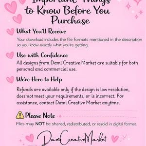 May include: A light pink informational graphic with dark text titled Important Things to Know Before You Purchase. It outlines policies regarding file formats, usage rights, refund conditions, and restrictions on sharing or reselling digital files.