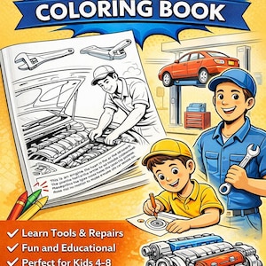 May include: A colorful cover for a "Kids Mechanic Coloring Book" with illustrations of a car, tools, and children. The book promises to help kids learn about tools and repairs, and includes text to help parents explain facts.