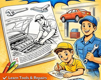 May include: A colorful cover for a "Kids Mechanic Coloring Book" with illustrations of a car, tools, and children. The book promises to help kids learn about tools and repairs, and includes text to help parents explain facts.