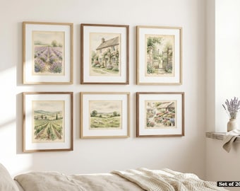 French Country Watercolor Art Prints Set of 20 | Farmhouse Gallery Wall Art | Vintage Cottagecore Home Decor Digital Download Printable
