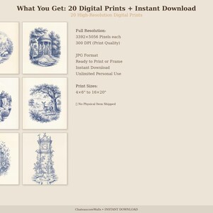 May include: A set of 20 digital prints with blue and white illustrations of idyllic scenes, such as a gazebo, deer, and a clock tower. The prints are available in sizes from 10.16cm x 15.24cm to 40.64cm x 50.8cm. The text "What You Get: 20 Digital Prints + Instant Download" is at the top.