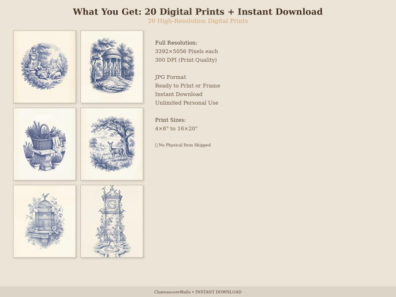 May include: A set of 20 digital prints with blue and white illustrations of idyllic scenes, such as a gazebo, deer, and a clock tower. The prints are available in sizes from 10.16cm x 15.24cm to 40.64cm x 50.8cm. The text "What You Get: 20 Digital Prints + Instant Download" is at the top.