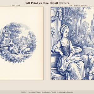 May include: Two blue and white illustrations comparing full print and fine detail texture. The left image shows a woman with sheep near a castle. The right image shows a woman near a fountain and sheep. Text reads "Full Print vs Fine Detail Texture."