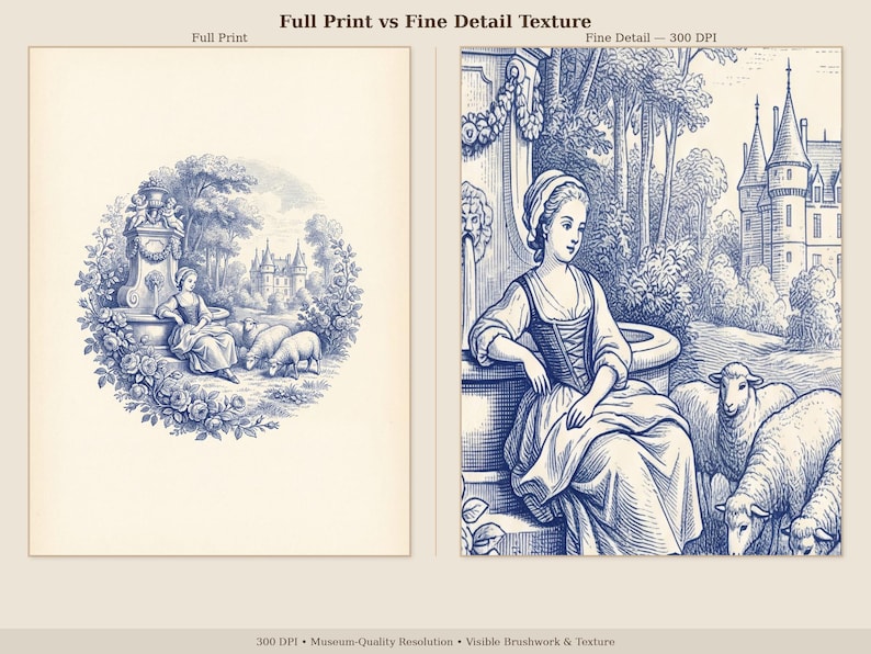 May include: Two blue and white illustrations comparing full print and fine detail texture. The left image shows a woman with sheep near a castle. The right image shows a woman near a fountain and sheep. Text reads "Full Print vs Fine Detail Texture."