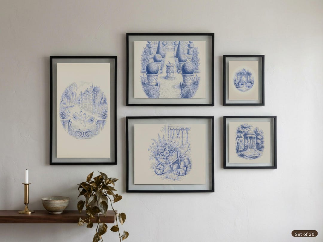 French Blue Toile Wall Art Prints Set of 20 | Vintage Chinoiserie ...