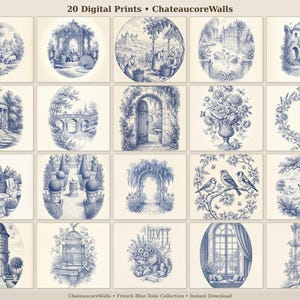May include: A set of 20 digital prints in a blue and white toile style. The prints depict scenes such as landscapes, buildings, and floral arrangements. The text "20 Digital Prints &bull; ChateaucoreWalls" is visible at the top of the image.