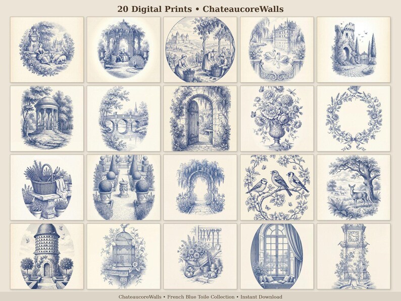 May include: A set of 20 digital prints in a blue and white toile style. The prints depict scenes such as landscapes, buildings, and floral arrangements. The text "20 Digital Prints &bull; ChateaucoreWalls" is visible at the top of the image.