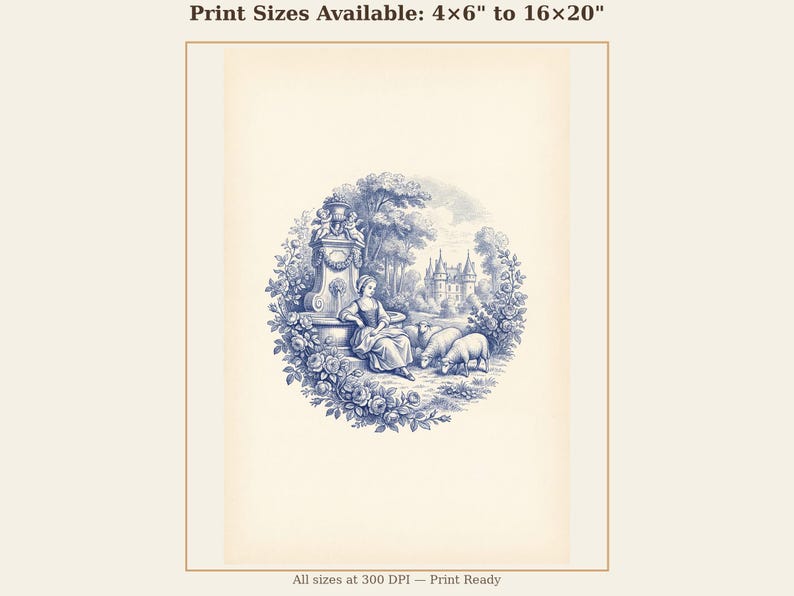 May include: A blue and white print depicting a rural scene with a woman, sheep, and a castle. The print is framed by a floral border. Text at the top reads "Print Sizes Available: 4x6" to 16x20".