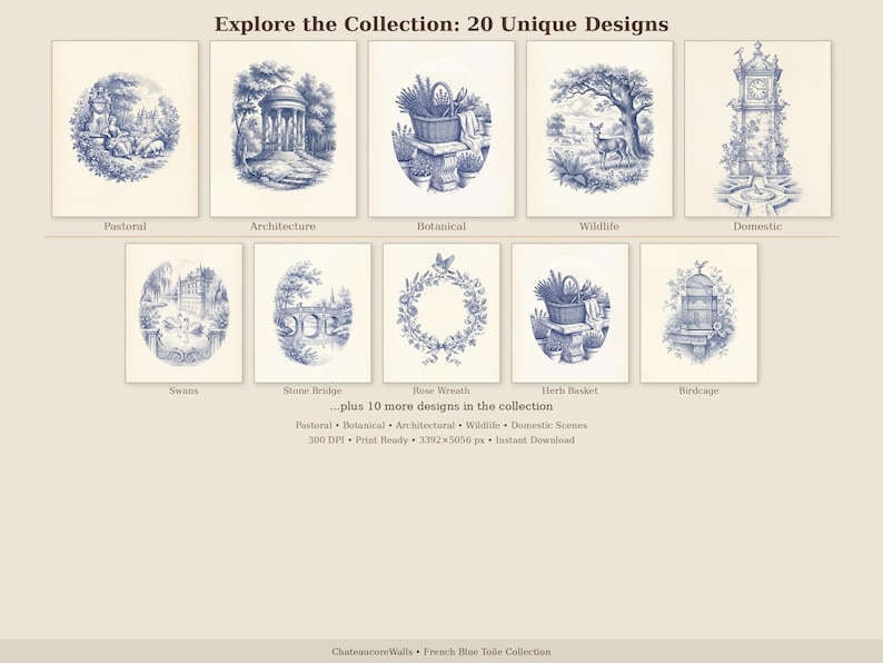 May include: A selection of 20 unique designs in a French blue toile style. The designs feature pastoral scenes, architecture, botanical elements, wildlife, and domestic scenes. The text "Explore the Collection" is at the top.
