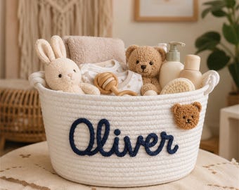 Cestino personalizzato per la cameretta, organizer portaoggetti personalizzato con il nome del bambino, cestino in corda di cotone con orsacchiotto, regalo per neonato