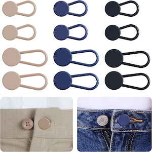 May include: A collection of button extenders in beige, navy blue, and black. The extenders have a circular button on one end and a looped elastic band on the other. Two close-up images show the extenders in use on pants.