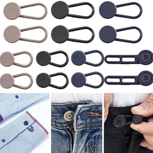 May include: A collection of adjustable button extenders in various colors, including tan, black, and navy blue. The extenders are shown in a variety of styles, including button and loop, and button and buttonhole. Examples of use are shown on a shirt, jeans, and pants.