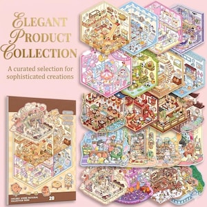 May include: A collection of collage scene material books with various hexagonal designs. The designs feature detailed illustrations of rooms with cartoon characters. The book cover reads "ELEGANT PRODUCT COLLECTION" and "COLLAGE SCENE MATERIAL COLLECTION BOOK".