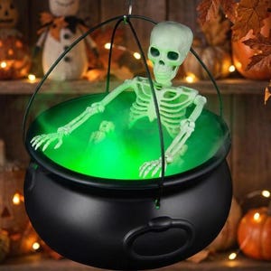 Large Halloween Witches Cauldron Set with Skeleton, Fog Diffuser, Tripod Decor
