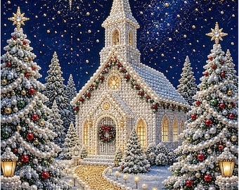 May include: A diamond painting kit featuring a church and two Christmas trees decorated with white pearls, red and green ornaments, and gold accents. The scene includes a gold pathway, glowing lanterns, and a dark blue starry night sky background.