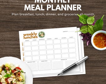 Monthly Meal Planner Bundle Printable PDF | Breakfast, Lunch & Dinner Planner with Grocery List