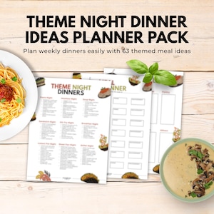 Puede incluir: Un paquete de planificador de ideas para cenas temáticas que incluye hojas impresas con categorías y listas de comidas. El texto dice THEME NIGHT DINNER IDEAS PLANNER PACK y Plan weekly dinners easily with 63 themed meal ideas. Incluye un plato de espaguetis y un tazón de sopa de champiñones.
