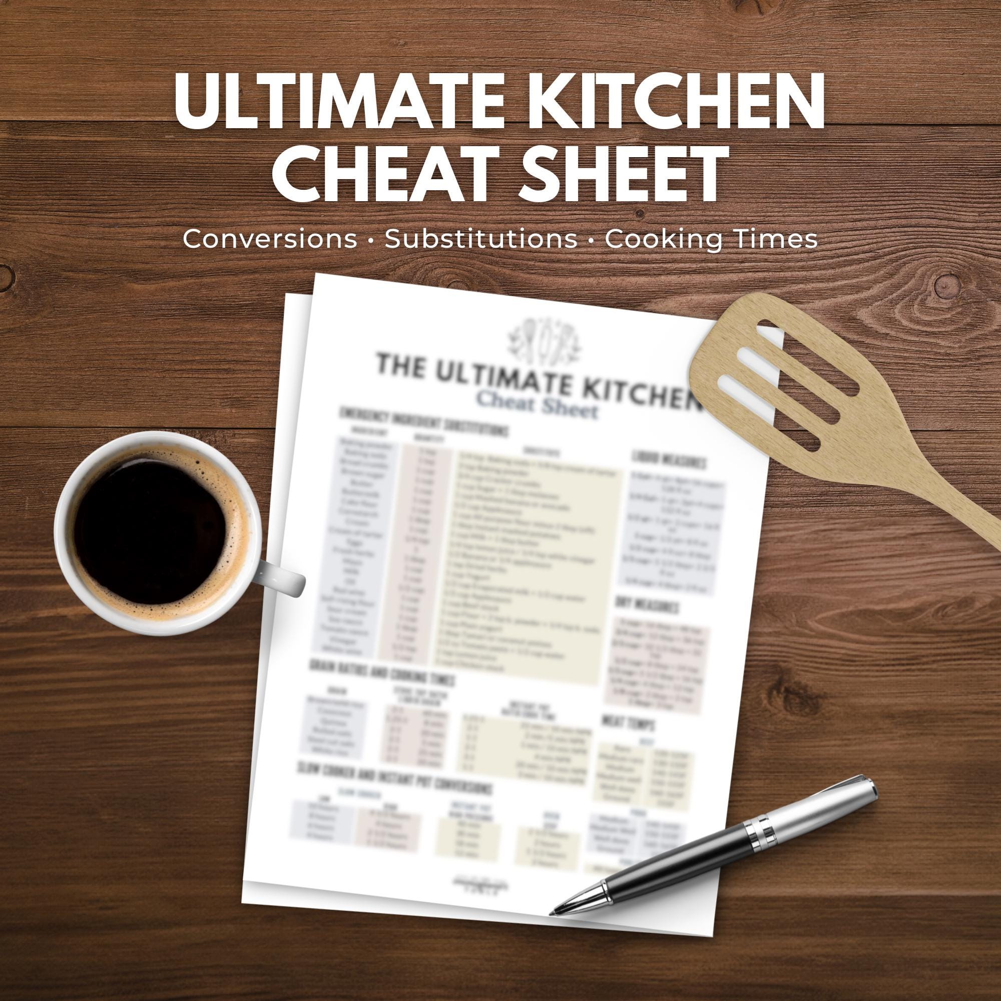 Kitchen Cheat Sheet Printable | Conversions, Substitutions, Cooking ...