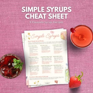 Puede incluir: Un fondo rosa con una "Simple Syrups Cheat Sheet" y dos vasos de líquido rojo con adornos. Una fresa se encuentra en la parte inferior derecha. La hoja de trucos enumera 9 recetas de jarabe con sabor.