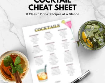 Cocktail Cheat Sheet Printable | 11 Classic Drink Recipes (8.5x11 PDF)